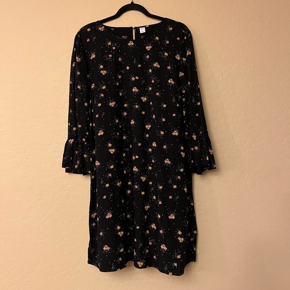 Old Navy Black Dress w/Pink & Yellow Floral Print & Tiny White Dots - Picture 10 of 15